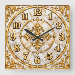 Carrée Horloge de luxe ornée blanche et or élégante