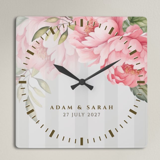 Carrée Horloge de mariage vert sauge Pivoine | Cadeau flo (Créateur téléchargé)