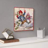 Horloge de Noël victorien avec enfants dans la nei