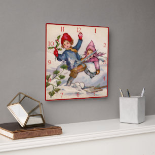 Carrée Horloge de Noël victorien avec enfants dans la nei