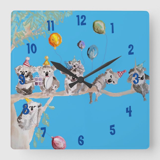 Carrée Horloge de nurserie pour enfants en aquarelle koal (Recto)