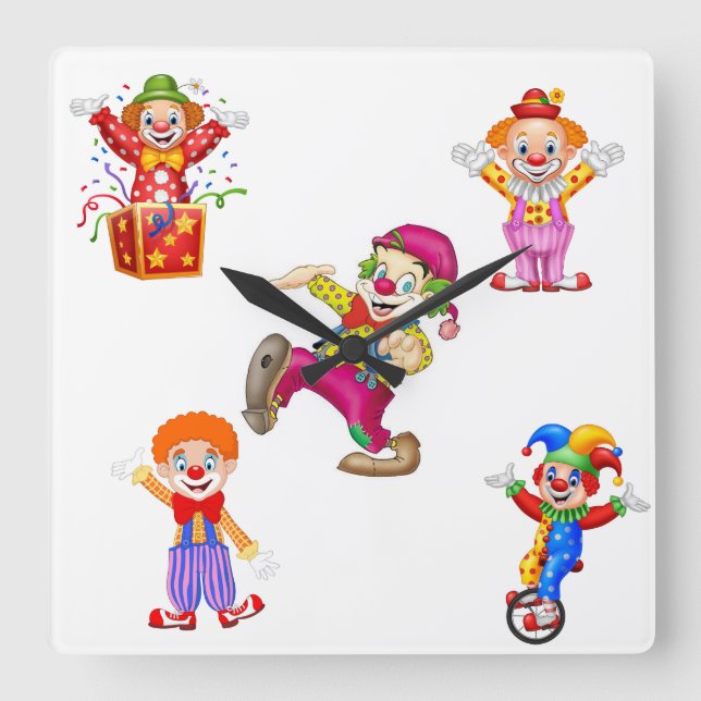 Carrée horloge de paroi avec des clowns (Recto)