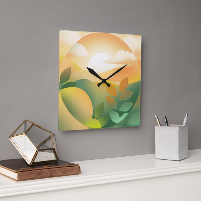 Carrée Horloge de paysage de peinture de nature pastel bo (Bureau)