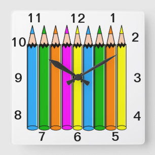Carrée Horloge des crayons colorés de l'enseignant