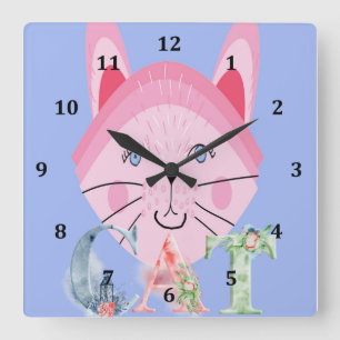 Carrée Horloge des enfants avec chat rose mignon