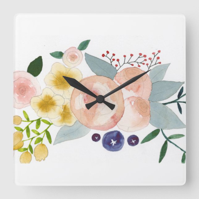 Carrée Horloge des fleurs, des baies et de l'aquarelle Fe (Recto)