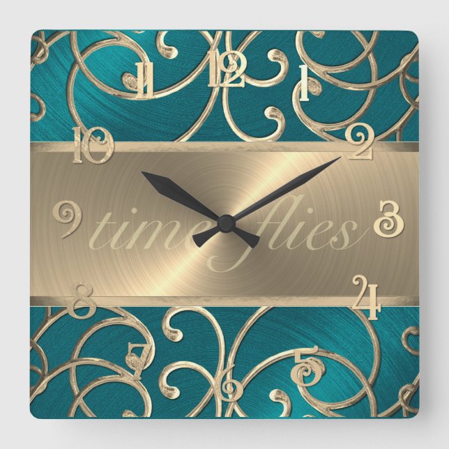 Carrée Horloge des vols turquoise et Gold (Recto)