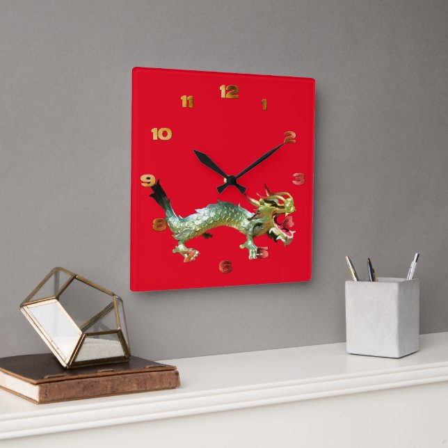 Carrée Horloge - Dragon oriental sur rouge (Bureau)