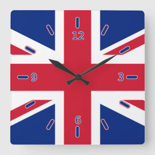 Carrée Horloge d'Union Jack (avec des nombres)