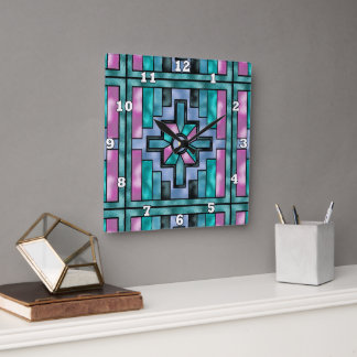 Carrée Horloge en faux verre motif du sud-ouest