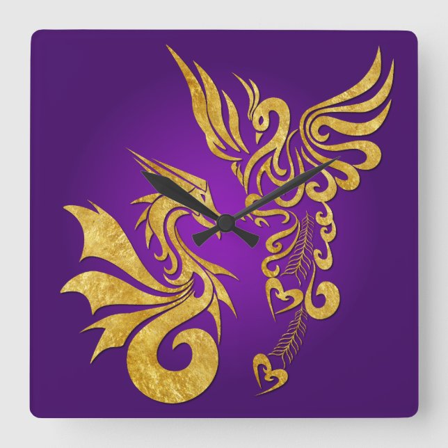 Carrée Horloge Feng Shui Golden Phoenix & Dragon - violet (Recto)