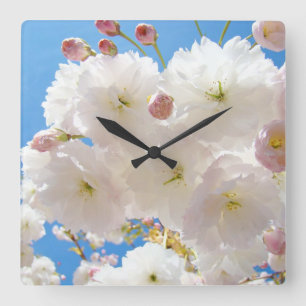 Carrée Horloge Fleur d'Arbre Blanc Rose Printanier Flocon