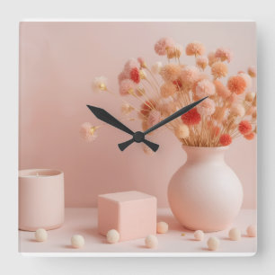 Carrée Horloge Fleurs Séchées Bohème Rose Pâle