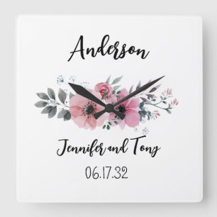 Carrée Horloge Florale Fleurs roses et cadeau Mariage Ros