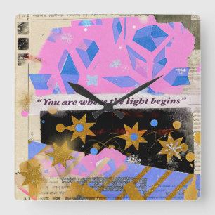 Carrée Horloge Gemme Light Begins – Art carré rose et or