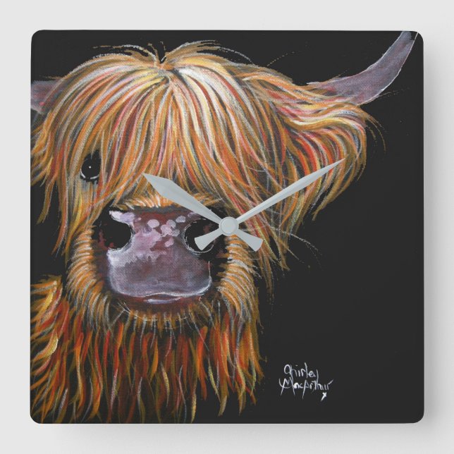 Carrée Horloge "Henry" de la vache Highland par Shirley M (Recto)