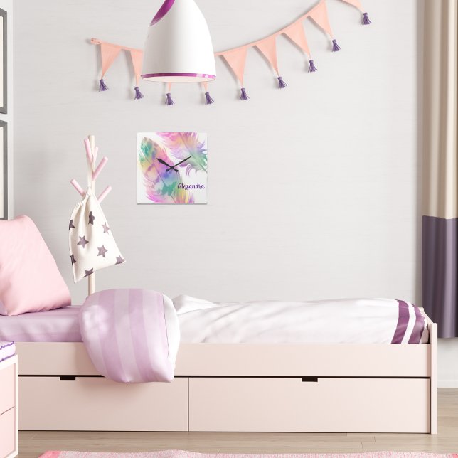 Carrée Horloge Hipster Rainbow Feathers (Créateur téléchargé)