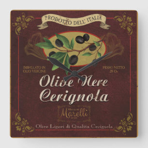 Carrée Horloge italienne de cuisine, rétro étiquette