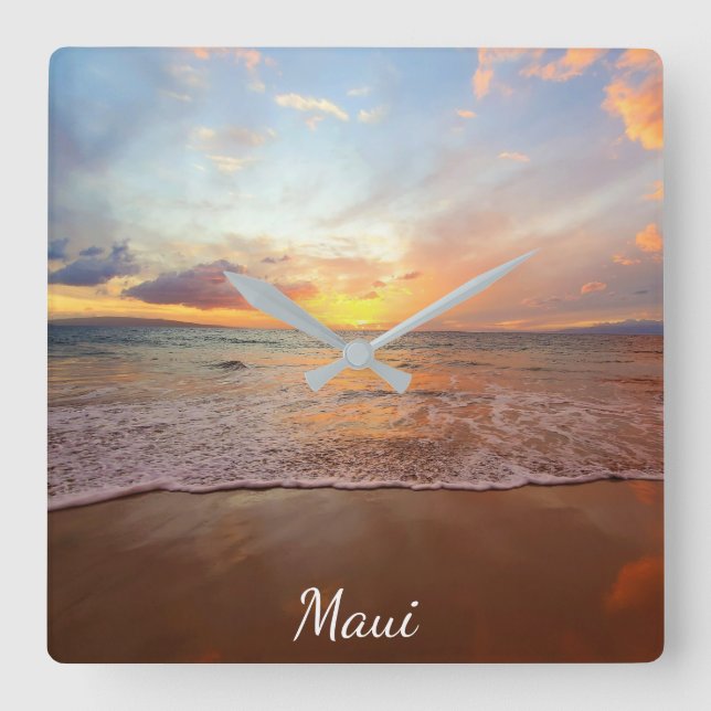 Carrée Horloge Maui Beach Sunset Acrylique Mur (Recto)
