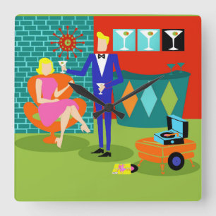Carrée Horloge Mur Acrylique Rétro Martini Couple