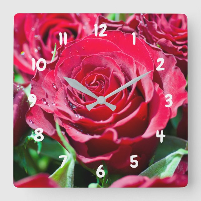 Carrée Horloge Mur Acrylique Roses Rouges (Recto)
