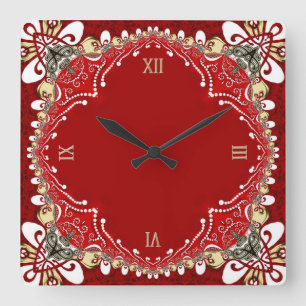 Carrée Horloge Mur Bohème Rouge