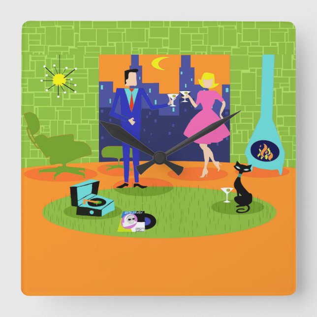 Carrée Horloge Mur Rétro Romantique Soirée Couple (Recto)