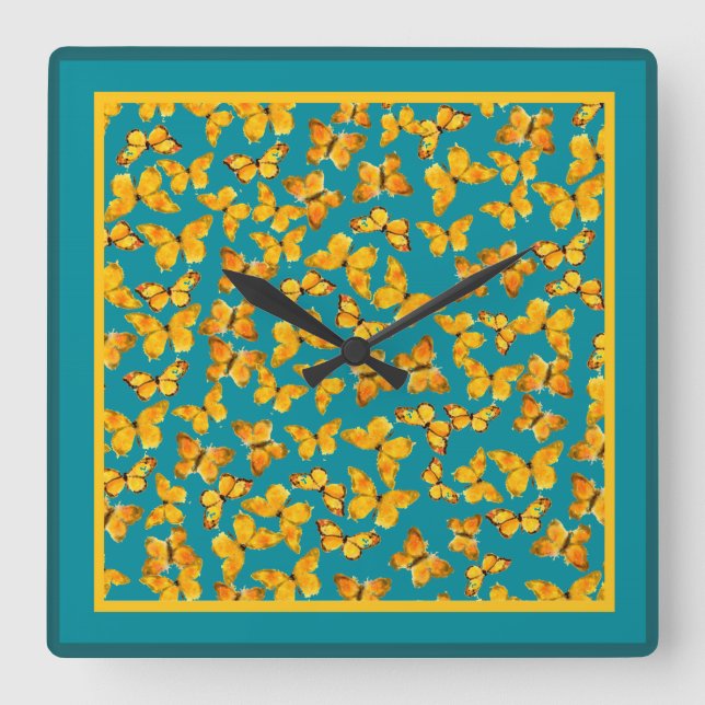 Carrée Horloge murale, Papillons dorés sur Turquoise (Recto)