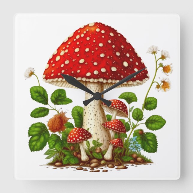 Carrée Horloge MUSHROOM MAGIQUE, Acrylique Carré de 27,3  (Recto)