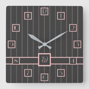 Carrée Horloge noire avec rayures roses