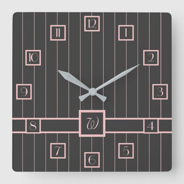 Carrée Horloge noire avec rayures roses (Recto)