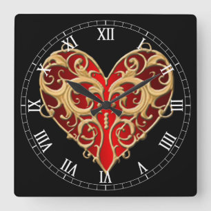 Carrée Horloge numérique romaine de Red Filigree Heart