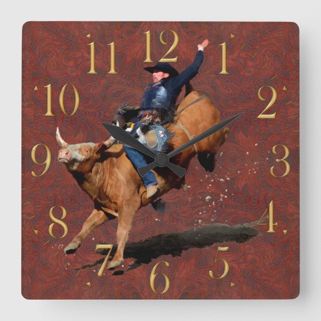 Carrée Horloge Occidentale À Thème Rodeo Cowboy Bull (Recto)