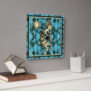 Carrée Horloge Or Sud-Ouest Kokopelli Et Soleil