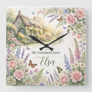 Carrée Horloge personnalisée de jardin floral Cottagecore