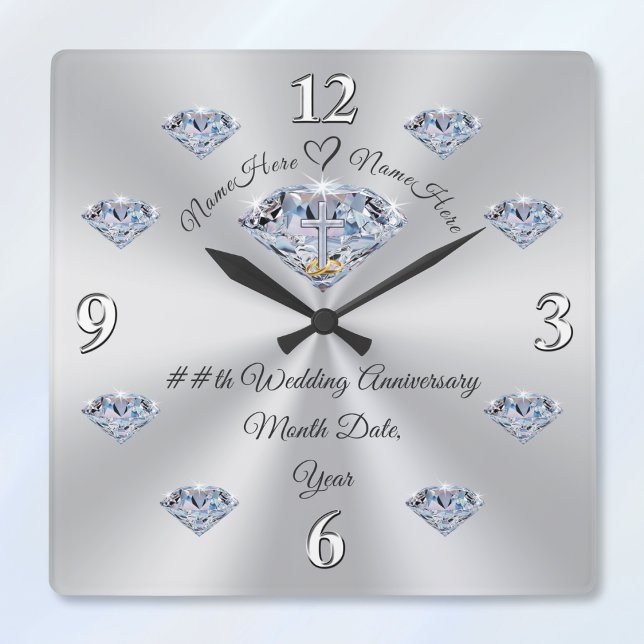 Carrée Horloge personnalisée pour anniversaire de diamant (Christian wedding anniversary gifts. 60th wedding anniversary presents for parents. Diamond themed.)