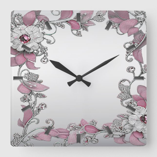 Carrée Horloge Pink Argent Blanc Floral Mur (Recto)