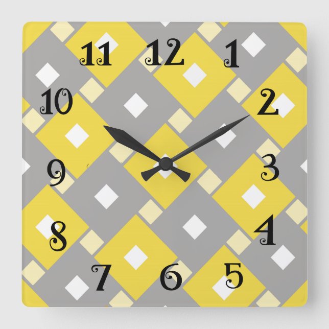 Carrée Horloge rétro moderne - Jaune et gris. (Recto)