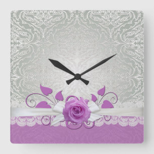 Carrée Horloge rose Dentelle Argent/Pourpre Damas
