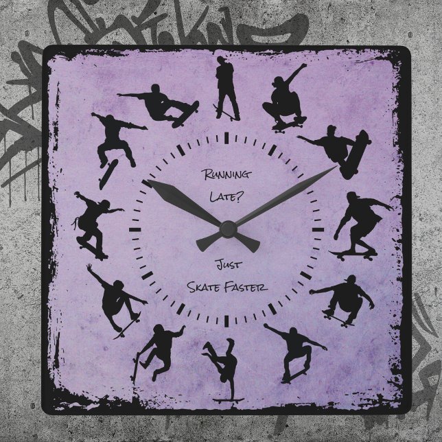 Carrée Horloge Skateur de l'heure de la mouture violette (Grind Time Custom Skater Boy Clock Purple)