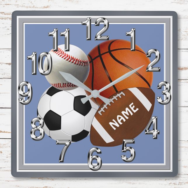 Carrée Horloge sportive personnalisée, votre texte, coule (Sports themed wall clock. Sports themed bedroom decor.  Sports room decoration ideas. Sports mancave)