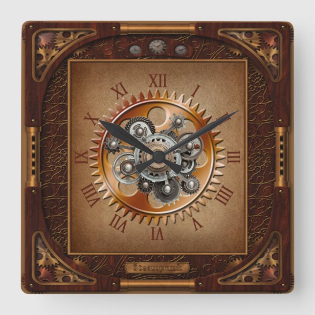 Carrée Horloge Steampunk~Gros engrenage antique~Numéros r (Recto)