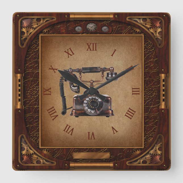 Carrée Horloge Steampunk~Téléphone antique~Numéros romain (Recto)