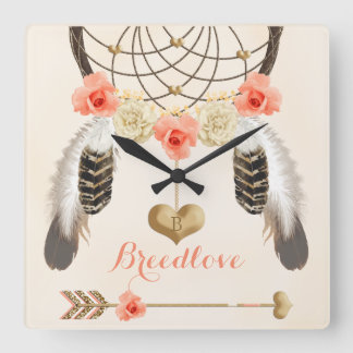 Carrée Horloge tribale Boho avec Dreamcatcher et Feathers