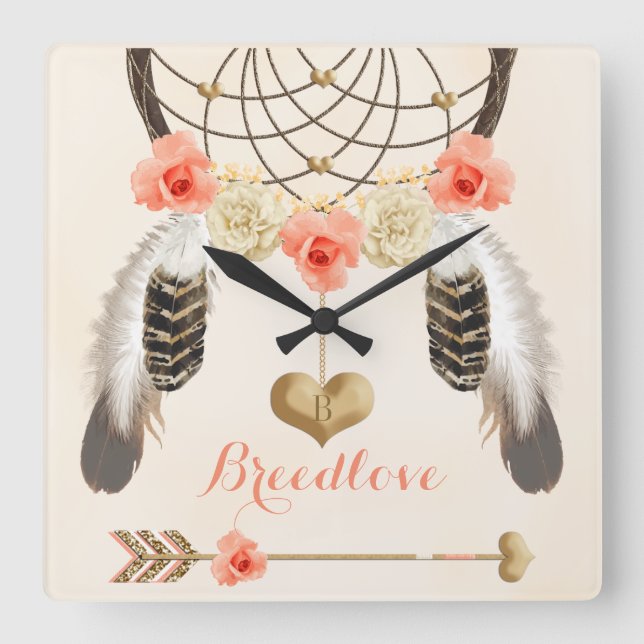 Carrée Horloge tribale Boho avec Dreamcatcher et Feathers (Recto)