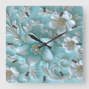 Carrée Horloge turquoise blanche florale