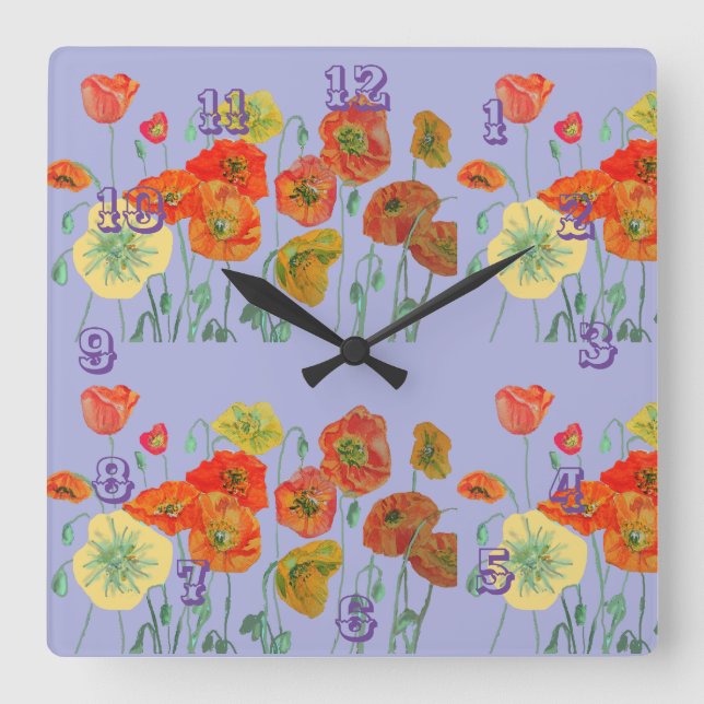 Carrée Horloge Violet Pastel Aquarelle Poppy Orange Rouge (Recto)