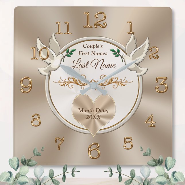 Carrée Inséparables et coeur Mariage personnalisé Horloge (Personalised bridal shower gift. Wedding clock gift. Taupe wall clock. Bridal shower gifts for bride)