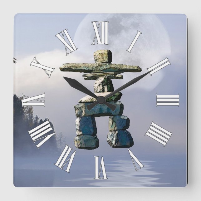 Carrée Inukshuk & Wilderness Moon Art Horloge (Recto)