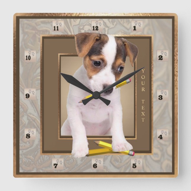 Carrée Jack Russell Puppy Ornat Gold Wall Horloge (Recto)